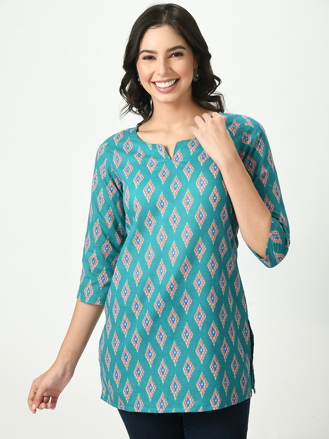 

Akshatani Ethnic Motifs Printed Pure Cotton Straight Kurti, Blue