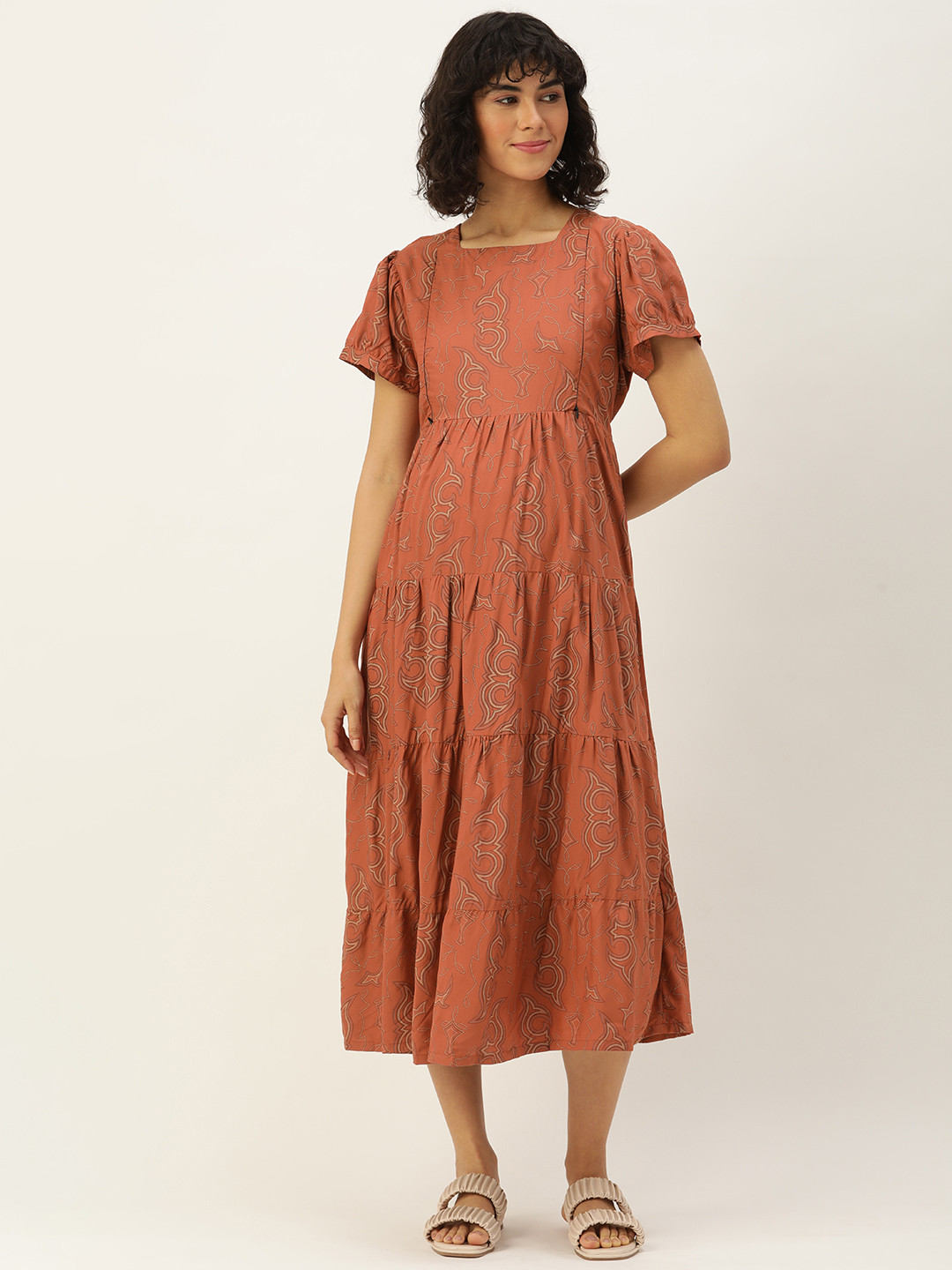 

Nejo Ethnic Motifs Print Flared Sleeves Pure Cotton Maternity A-Line Midi Dress, Brown