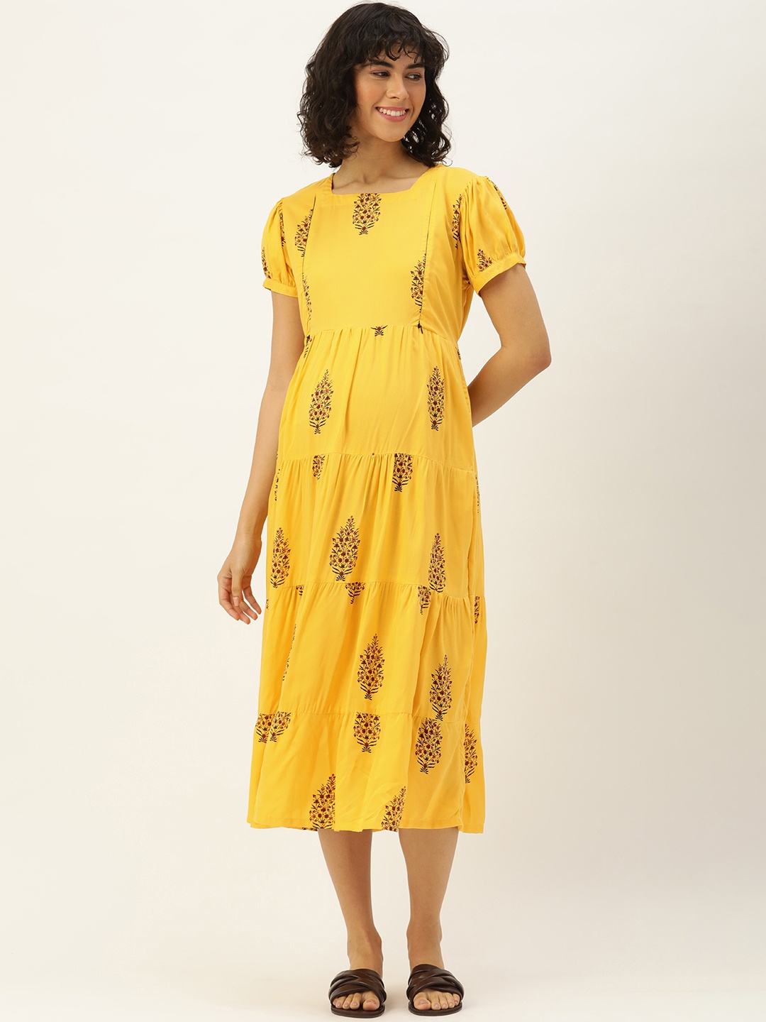 

Nejo Floral Print Puff Sleeves Pure Cotton Maternity A-Line Midi Dress, Yellow