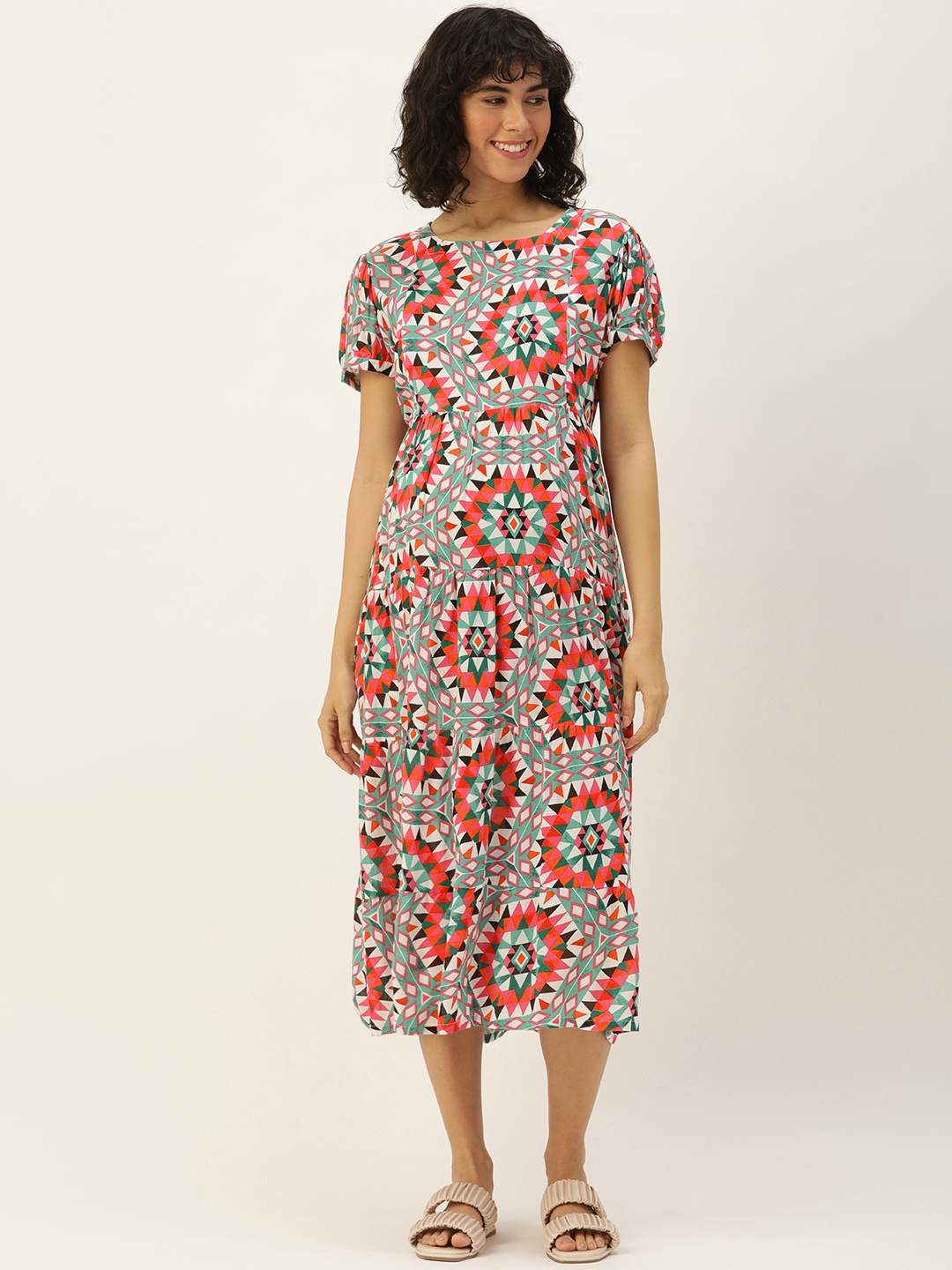 

Nejo Geometric Print Puff Sleeves Pure Cotton Maternity A-Line Midi Dress, Teal