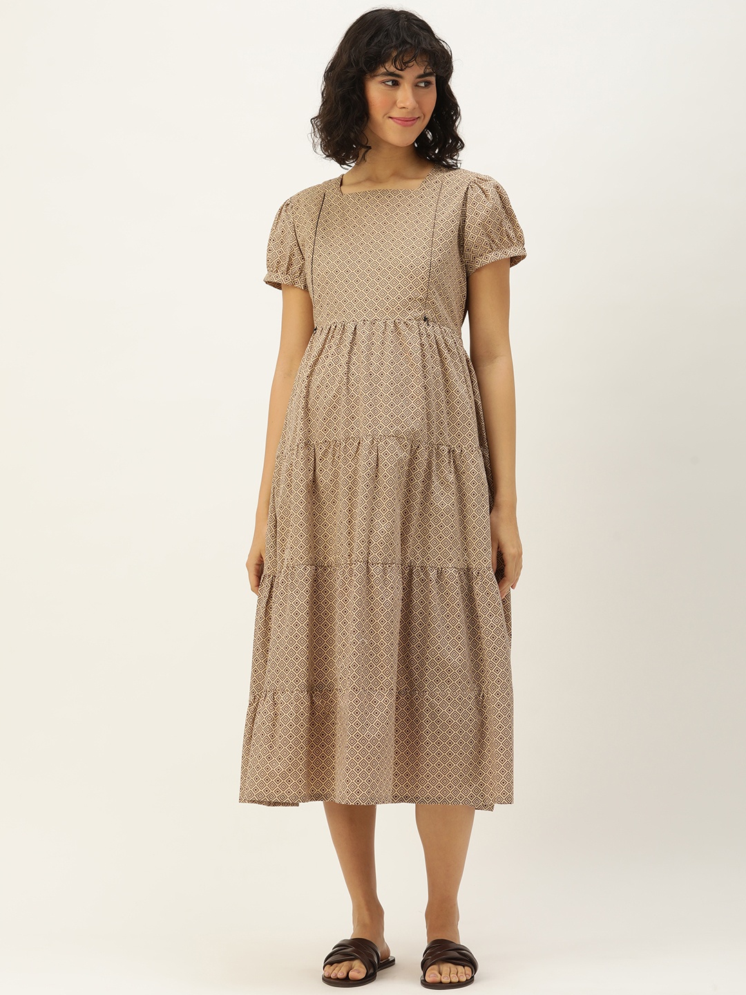 

Nejo Geometric Print Puff Sleeves Pure Cotton Maternity A-Line Midi Dress, Brown