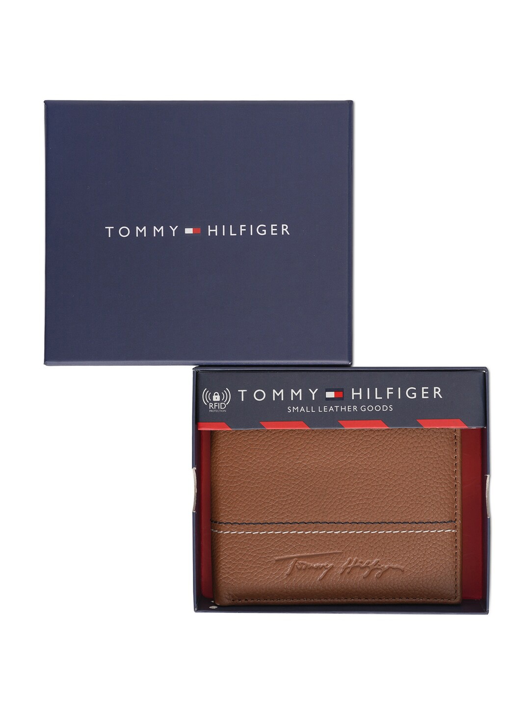 

Tommy Hilfiger Men Textured Brand Logo Leather RFID Two Fold Wallet, Tan