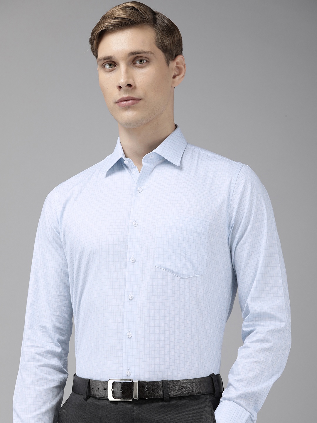 

Van Heusen Pure Cotton Slim Fit Grid Tattersall Checks Opaque Formal Shirt, Blue