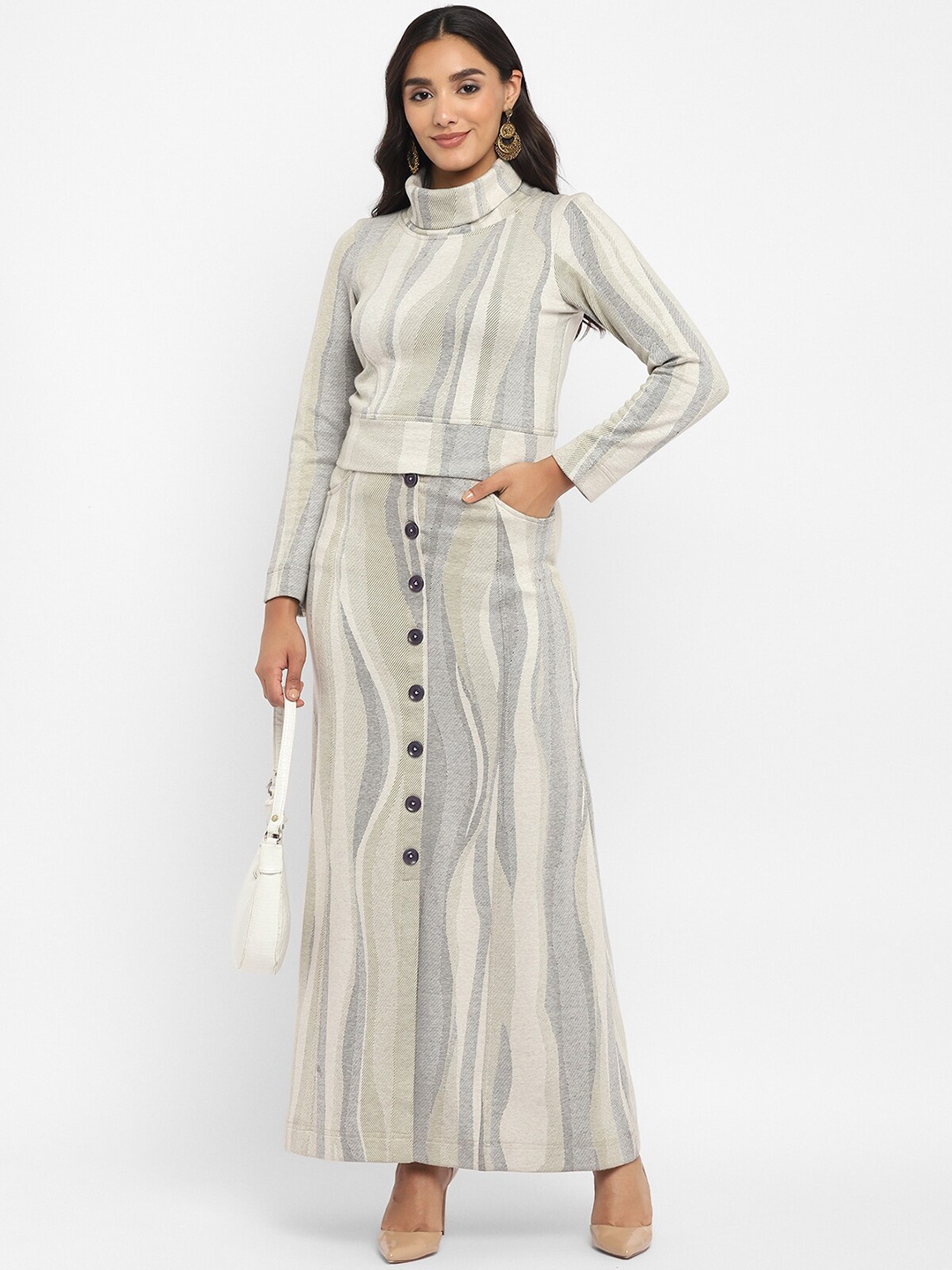 

STADO Striped High Neck Top With Maxi Skirts Co-Ords, Green