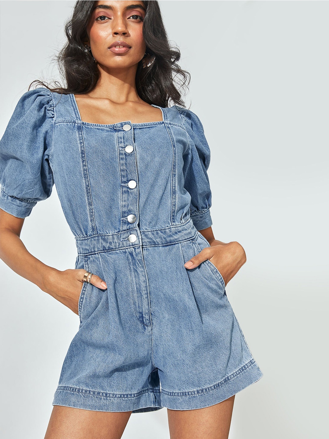 

The Label Life Square Neck Self Belt Double Pocket Puff Sleeves Denim Playsuit, Blue