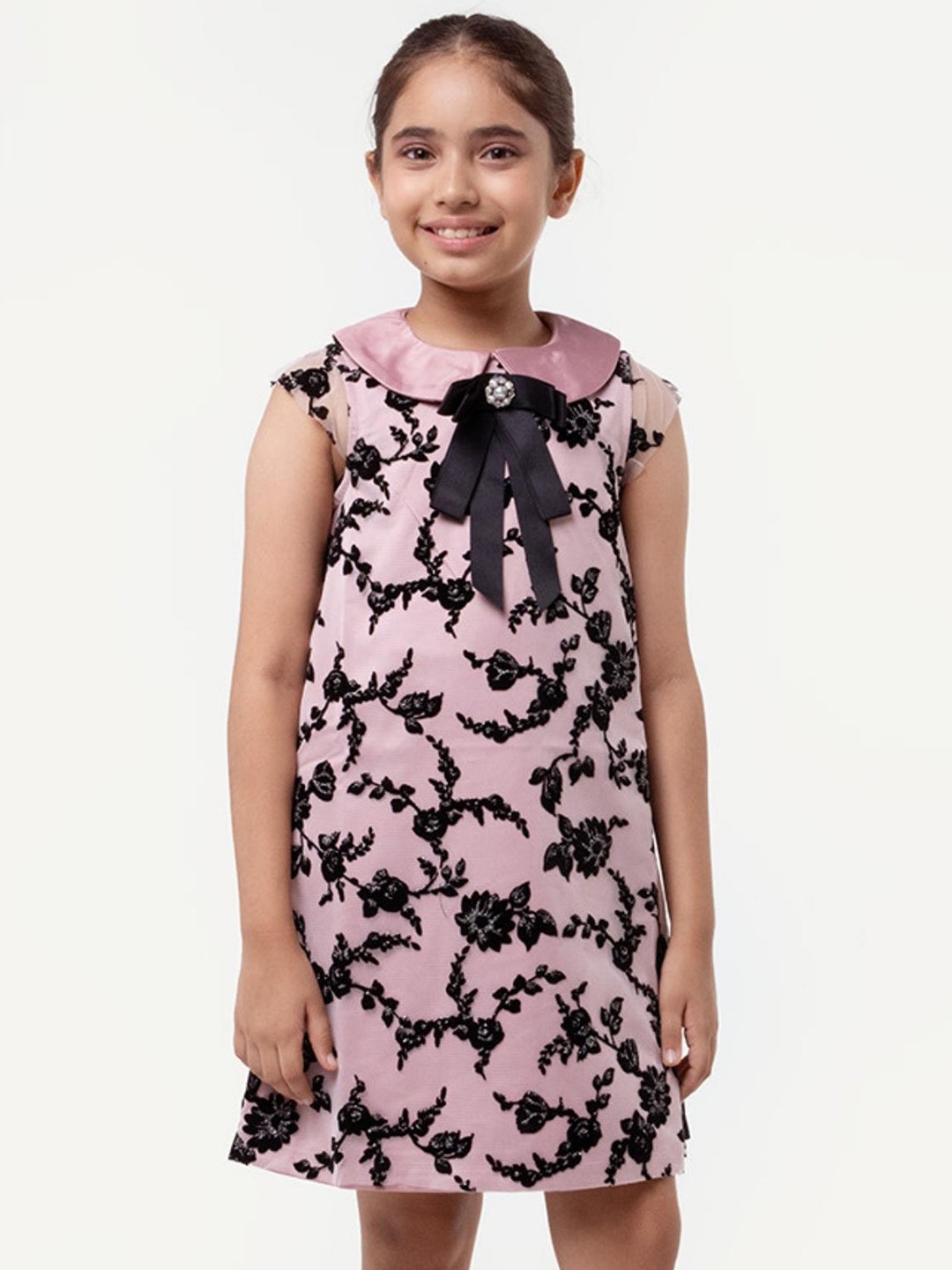 

One Friday Girls Floral Embroidered Peter Pan Collar A-Line Dress, Mauve