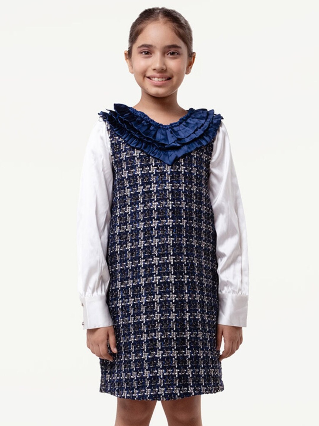 

One Friday Girls Self Design Round Neck Ruffles A-Line Dress, Navy blue