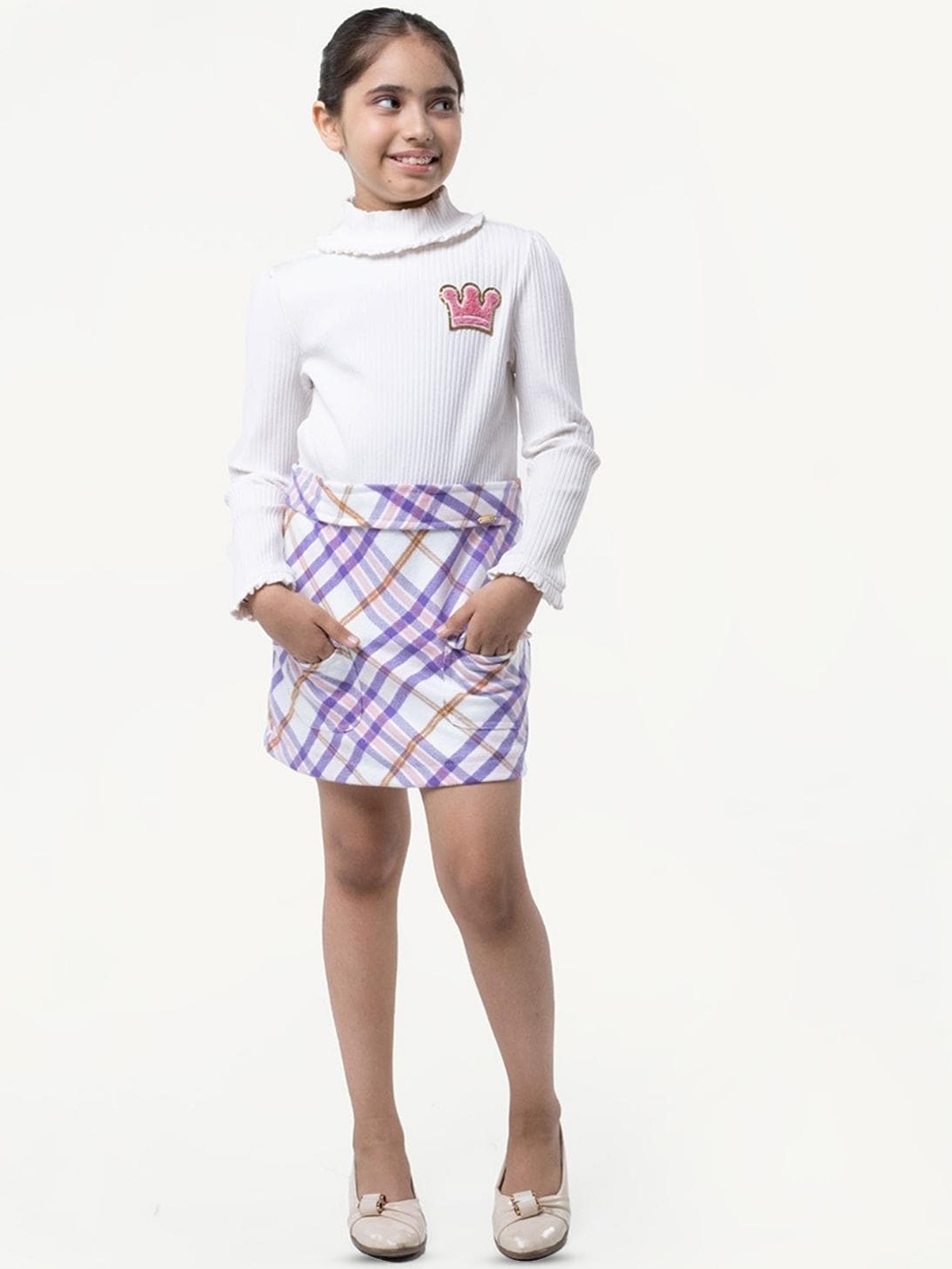 

One Friday Girls Checked High Neck Cotton A-Line Dress, Off white