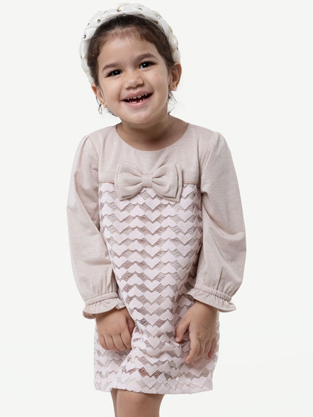 

One Friday Girls Self Design Round A-Line Dress, Beige