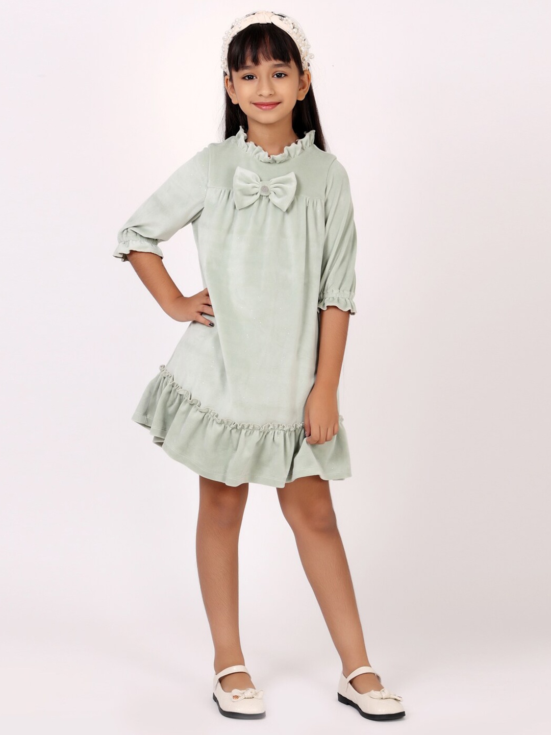 

One Friday Girls Mock Neck Ruffles A-Line Dress, Green