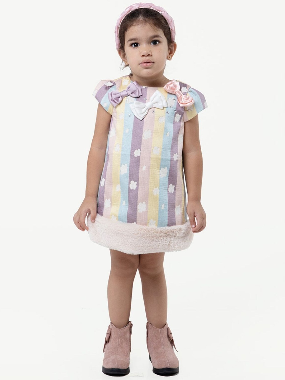 

One Friday Striped Puff Sleeves Bow Detail A-Line Dress, Purple