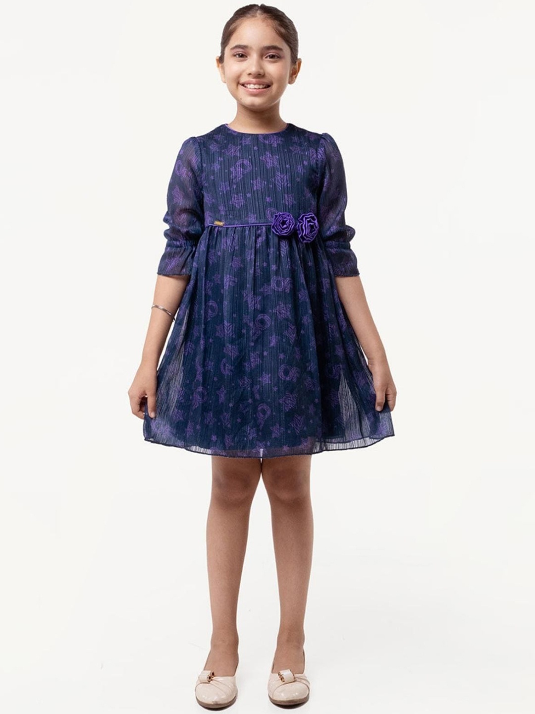 

One Friday Floral Printed Bell Sleeves Fit & Flare Dress, Navy blue