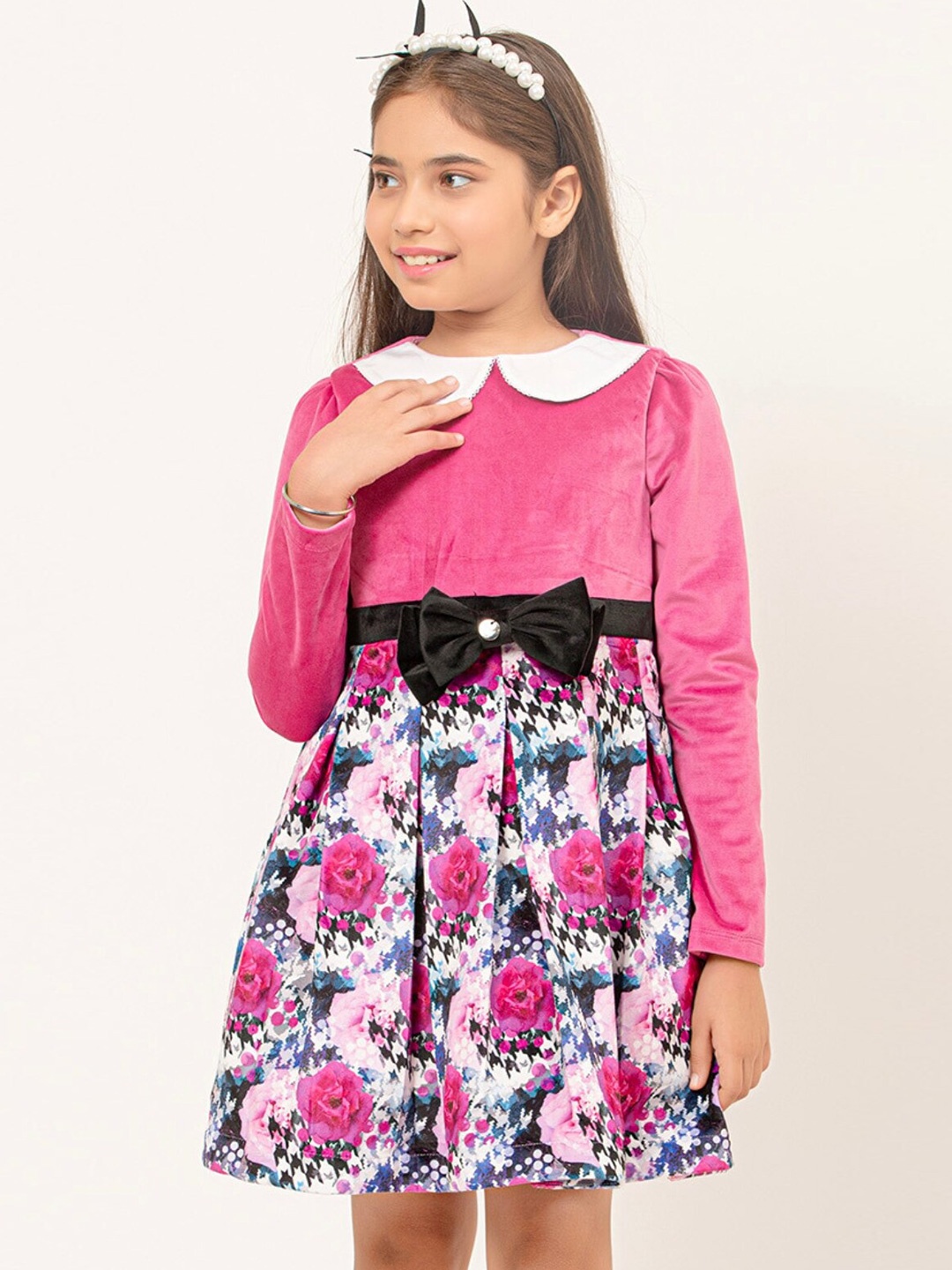 

One Friday Floral Printed Peter Pan Collar Bow Detail Fit & Flare Dress, Pink