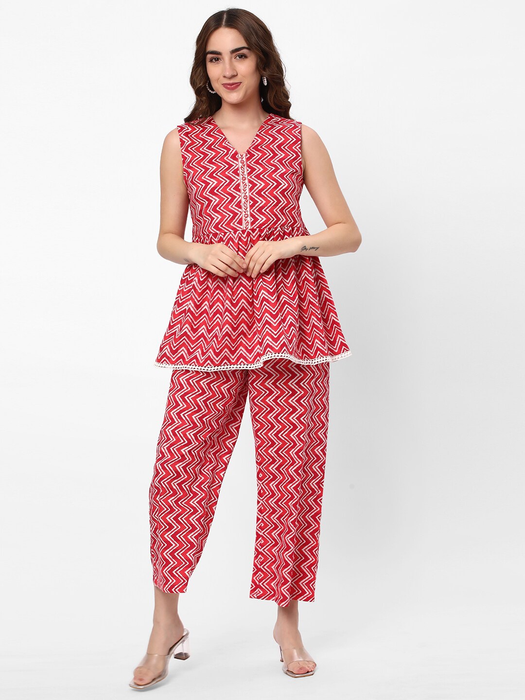

R&B Chevron Printed Pure Cotton Empire Top With Palazzos, Red