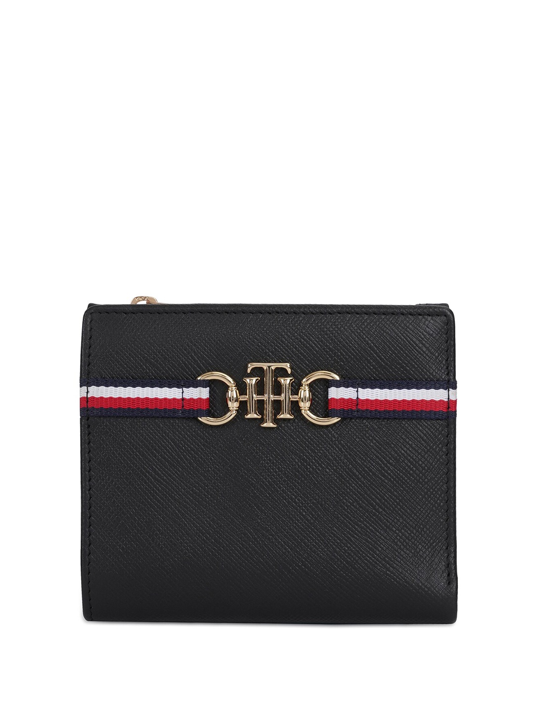 Tommy Hilfiger Women Textured Brand Logo Leather Two Fold Wallet, Black