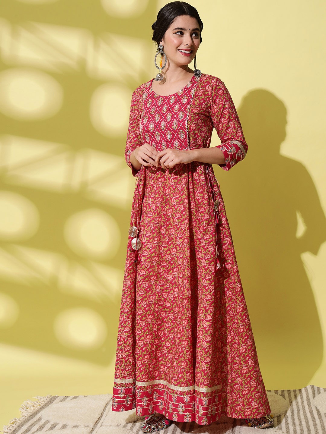

KALINI Floral Printed Sequinned Pure Cotton Anarkali Kurta, Red