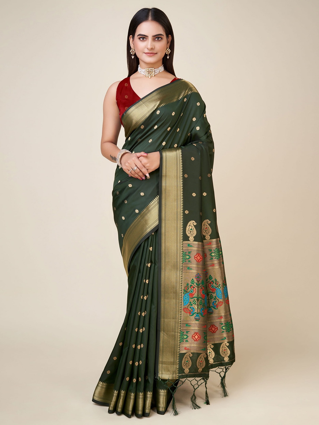 

RAJ DHARMA SILK Ethnic Motif Woven Design Zari Banarasi Saree, Green