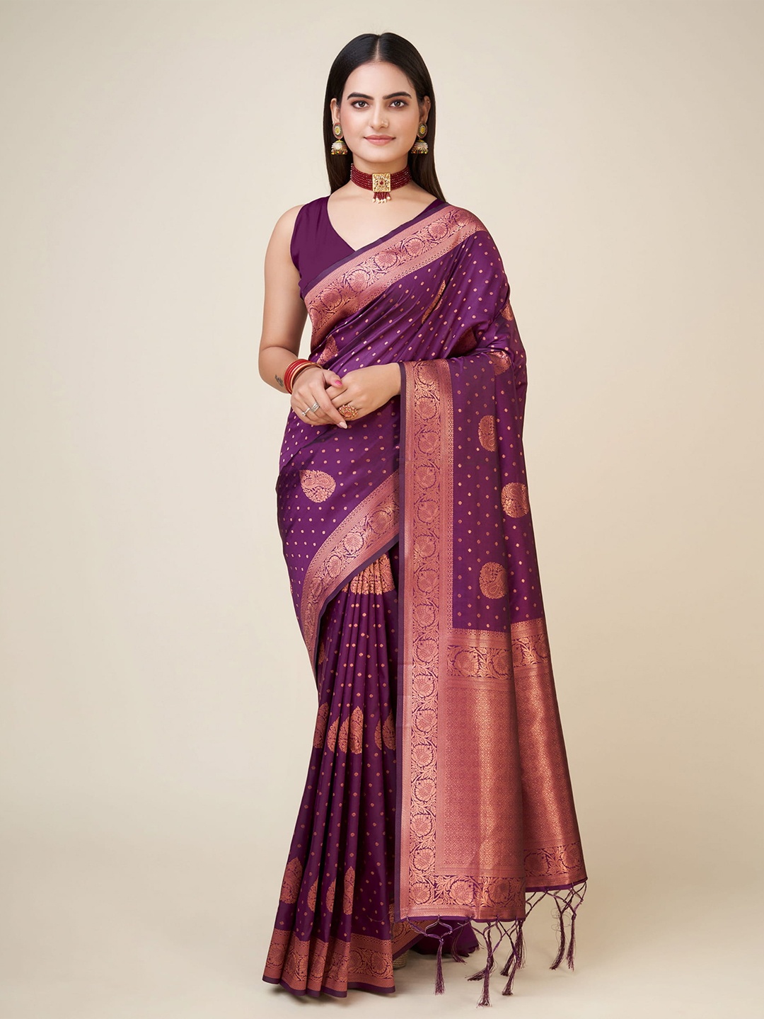

RAJ DHARMA SILK Ethnic Motif Woven Design Zari Banarasi Saree, Purple