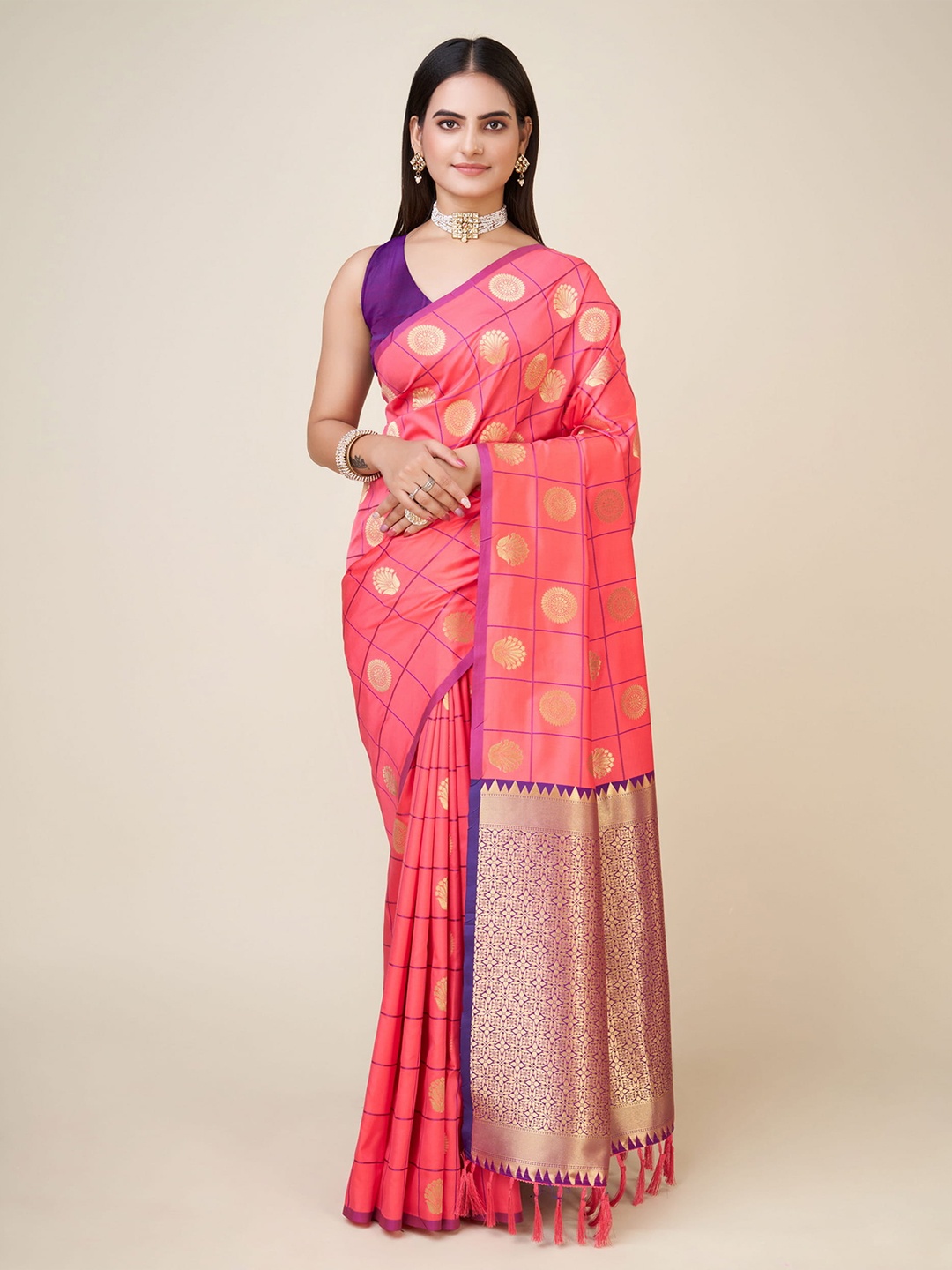 

RAJ DHARMA SILK Ethnic Motif Woven Design Zari Banarasi Saree, Purple