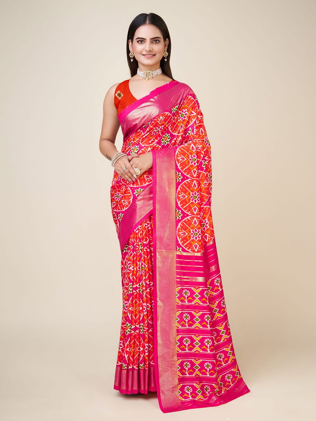 

RAJ DHARMA SILK Ethnic Motifs Printed Zari Banarasi Saree, Orange