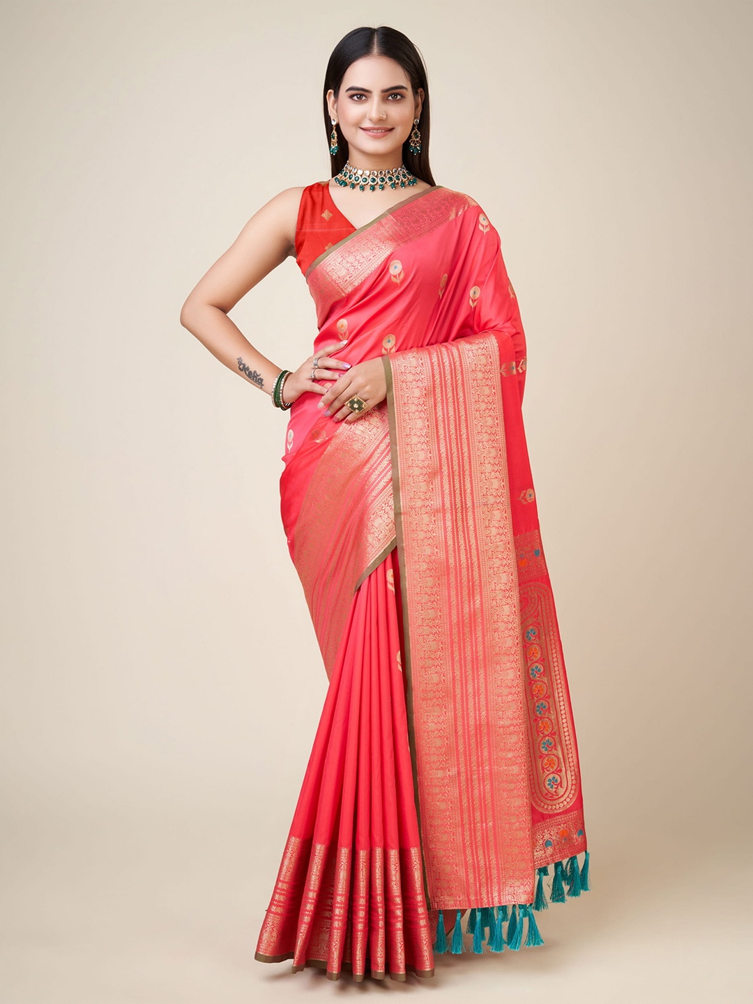 

RAJ DHARMA SILK Ethnic Motifs Woven Design Zari Banarasi Saree, Peach