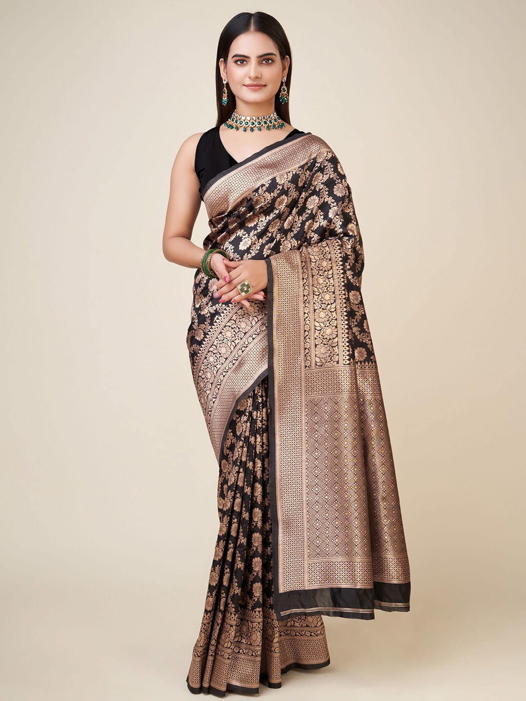 

RAJ DHARMA SILK Ethnic Motifs Woven Design Zari Banarasi Saree, Black