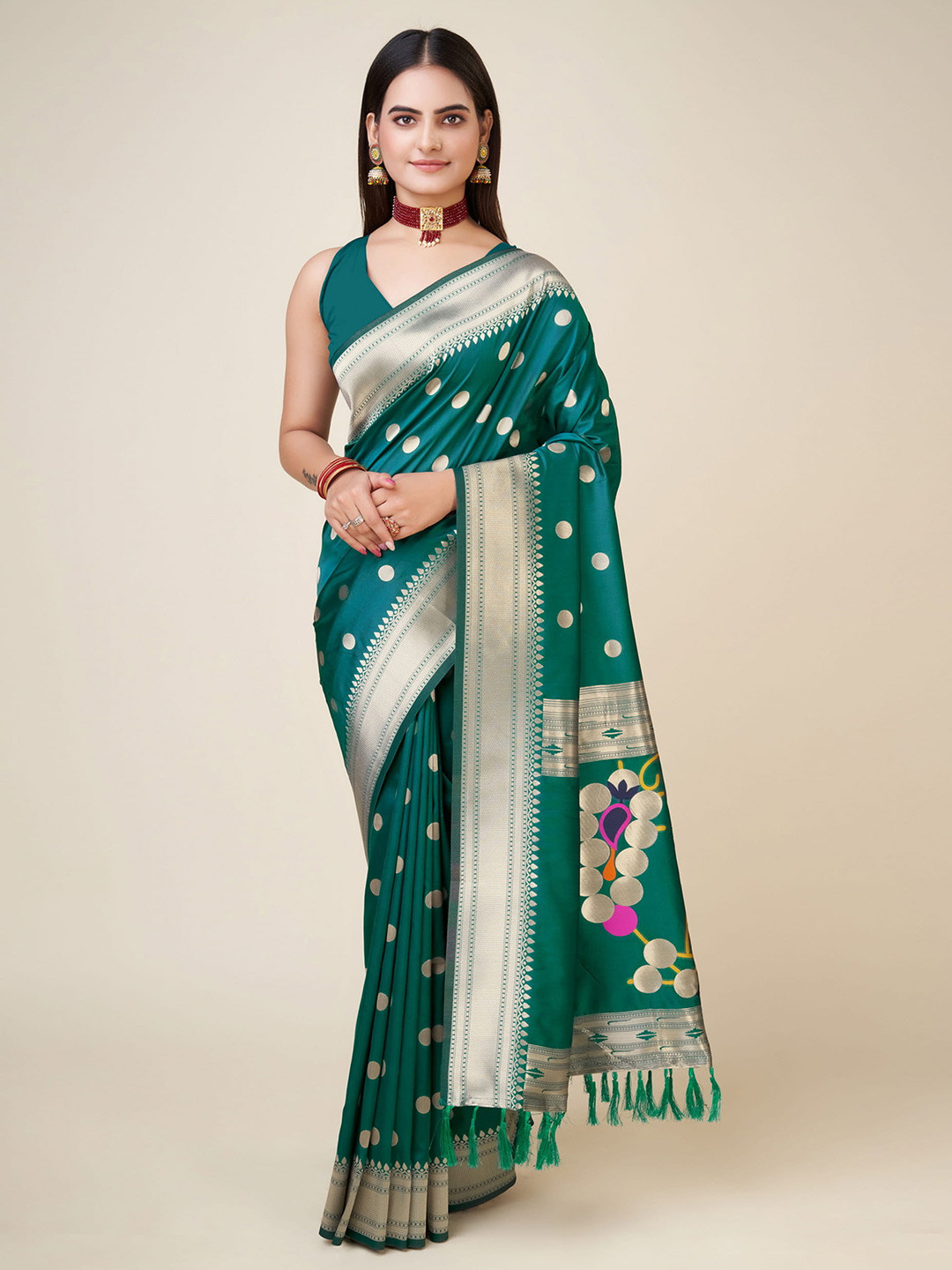 

RAJ DHARMA SILK Turquoise Blue & Gold-Toned Woven Design Zari Banarasi Saree