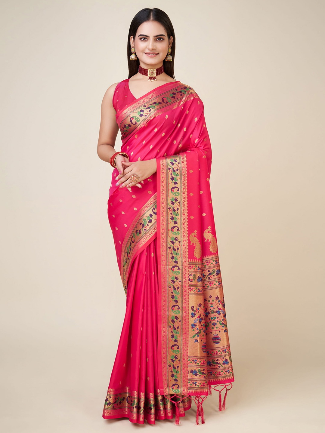 

RAJ DHARMA SILK Pink & Gold-Toned Ethnic Motifs Woven Design Zari Banarasi Saree