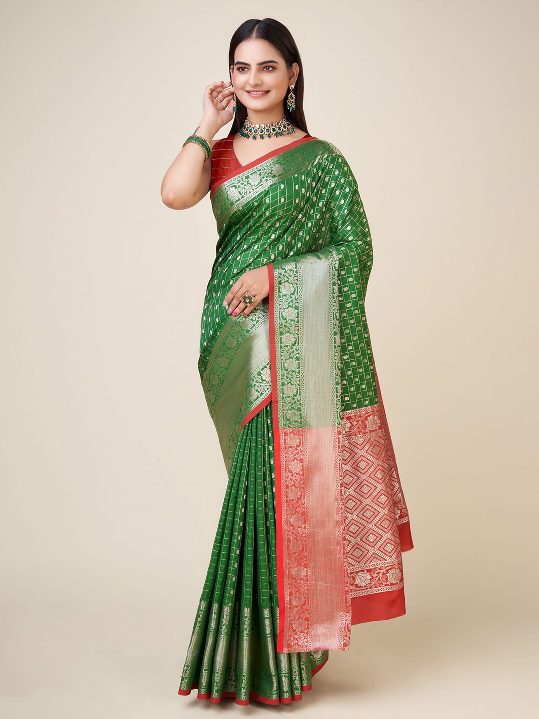 

RAJ DHARMA SILK Ethnic Motifs Woven Design Zari Banarasi Saree, Green