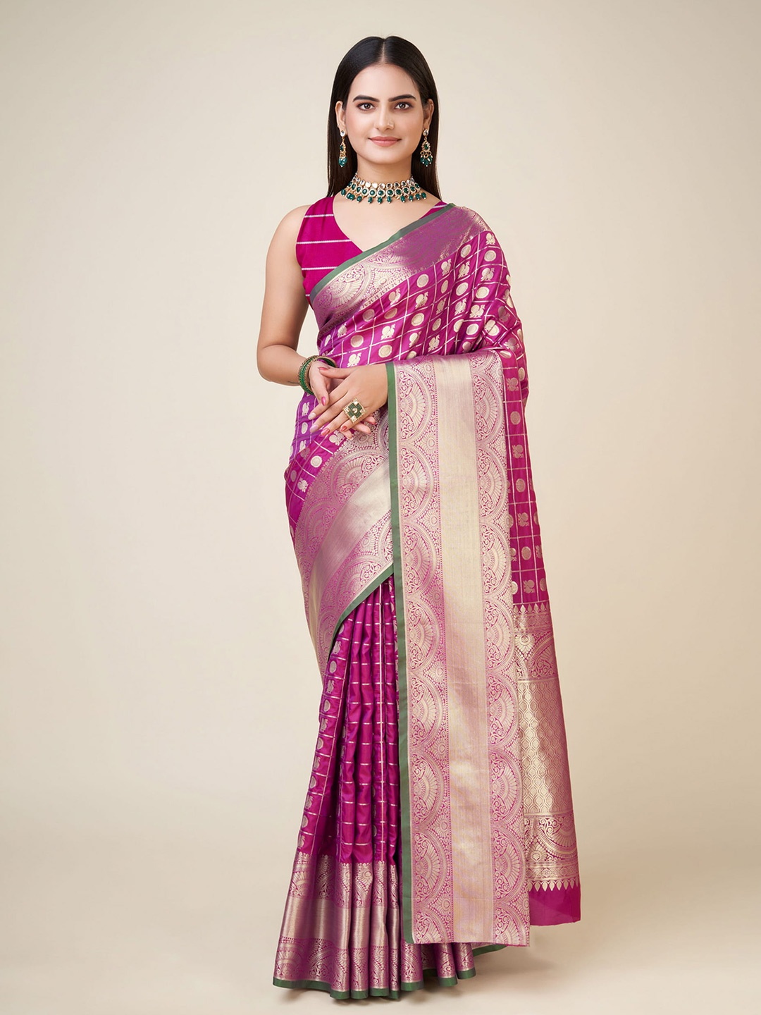

RAJ DHARMA SILK Ethnic Motifs Woven Design Zari Banarasi Saree, Pink