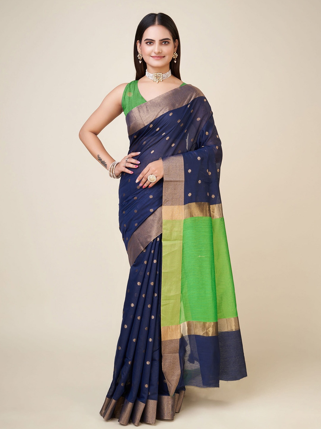

RAJ DHARMA SILK Ethnic Motifs Woven Design Zari Banarasi Saree, Navy blue