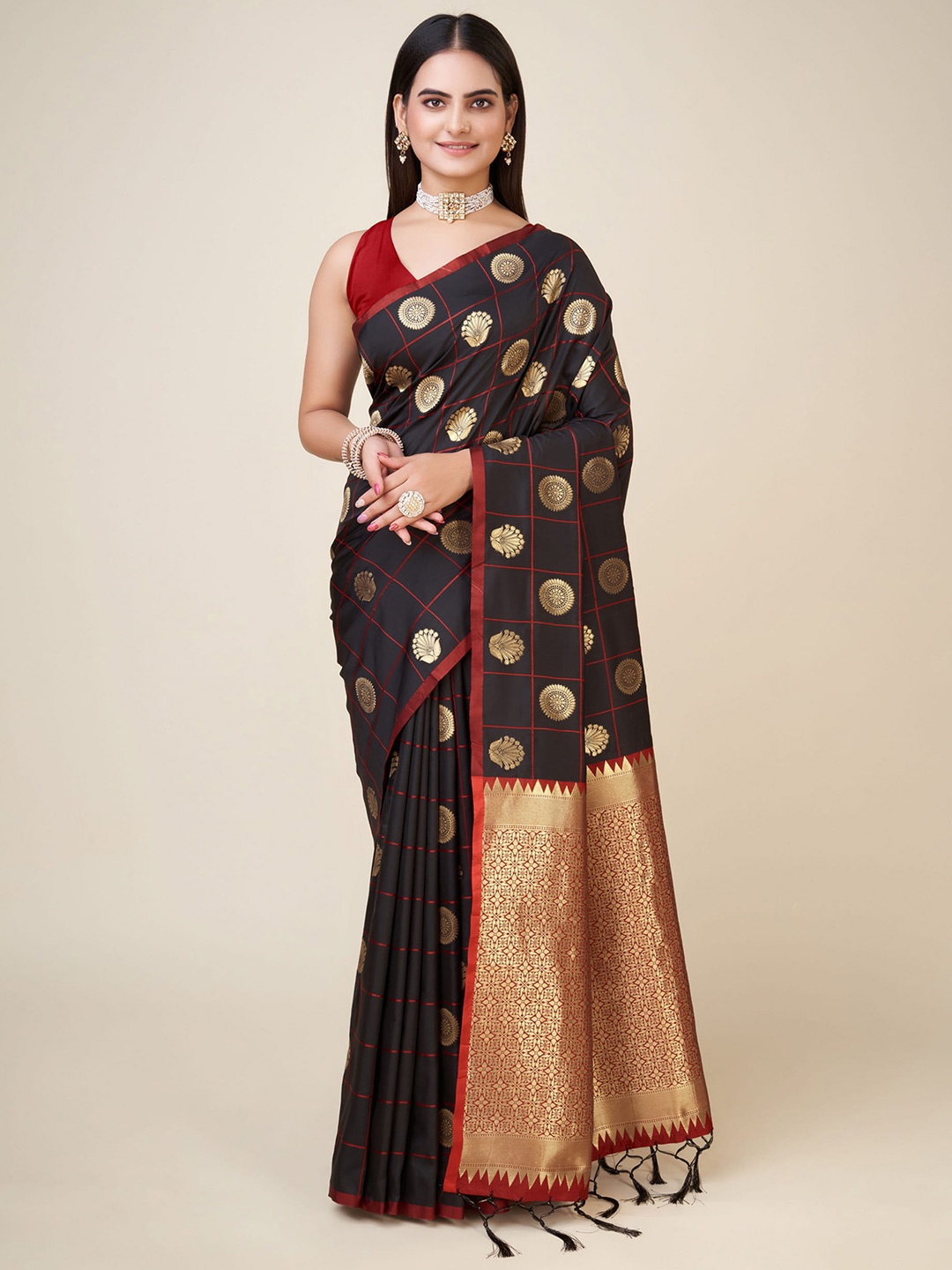 

RAJ DHARMA SILK Ethnic Motifs Woven Design Zari Banarasi Saree, Black