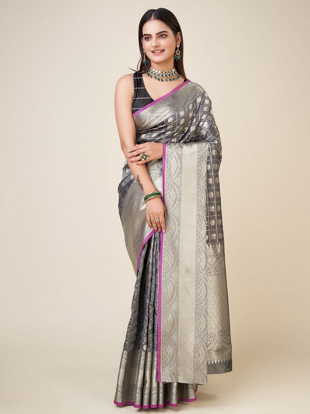 

RAJ DHARMA SILK Ethnic Motifs Woven Design Zari Banarasi Saree, Grey