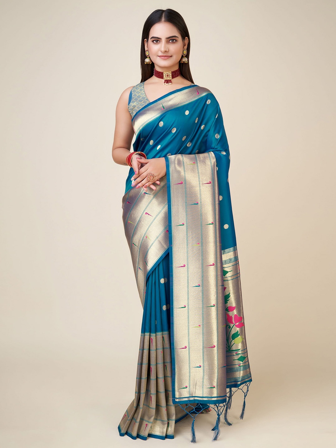 

RAJ DHARMA SILK Ethnic Motifs Woven Design Zari Banarasi Saree, Turquoise blue