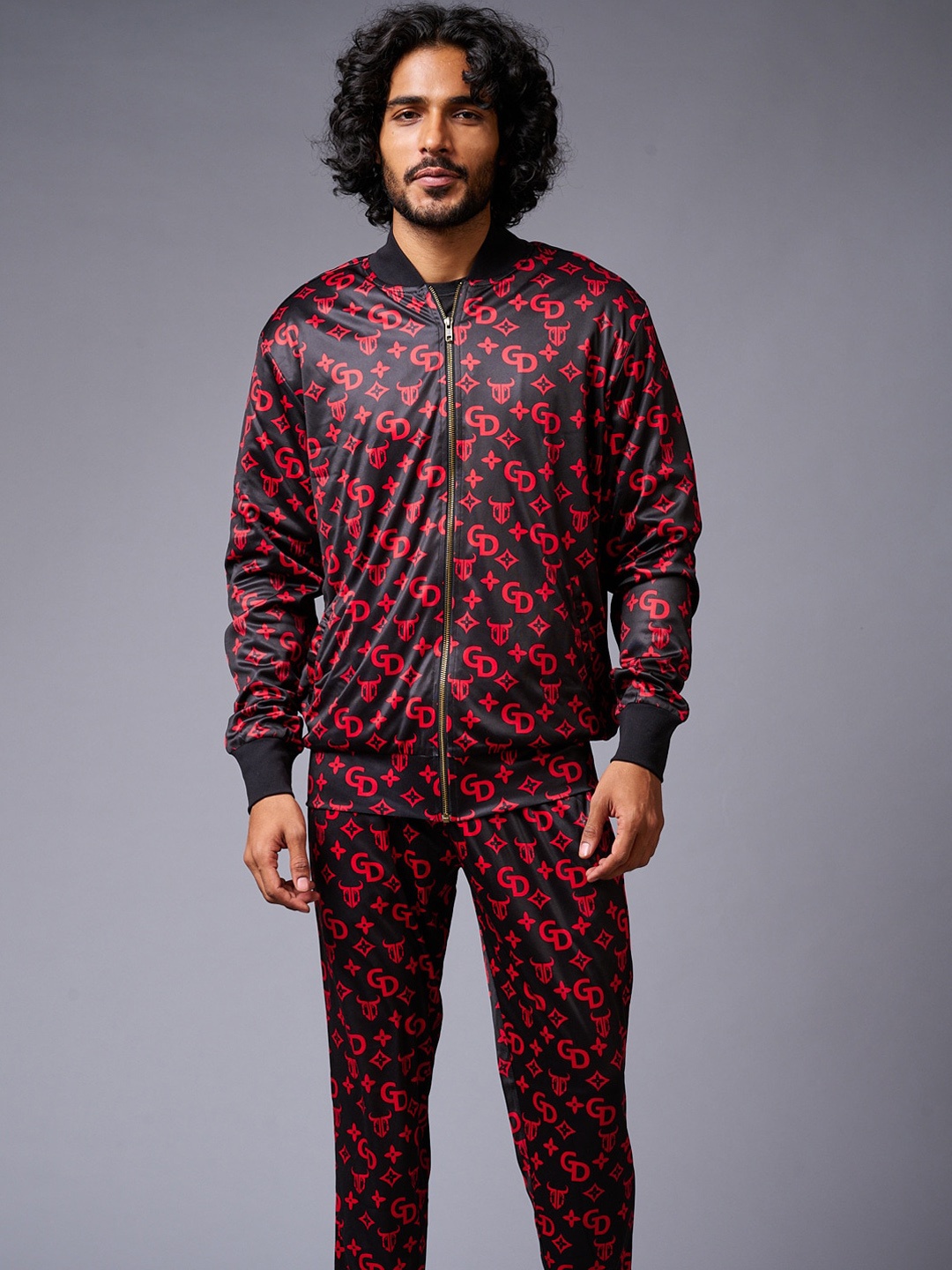 

GO DEVIL Men Printed Bomper Style Jacket WIth Trousers Co-ords, Black