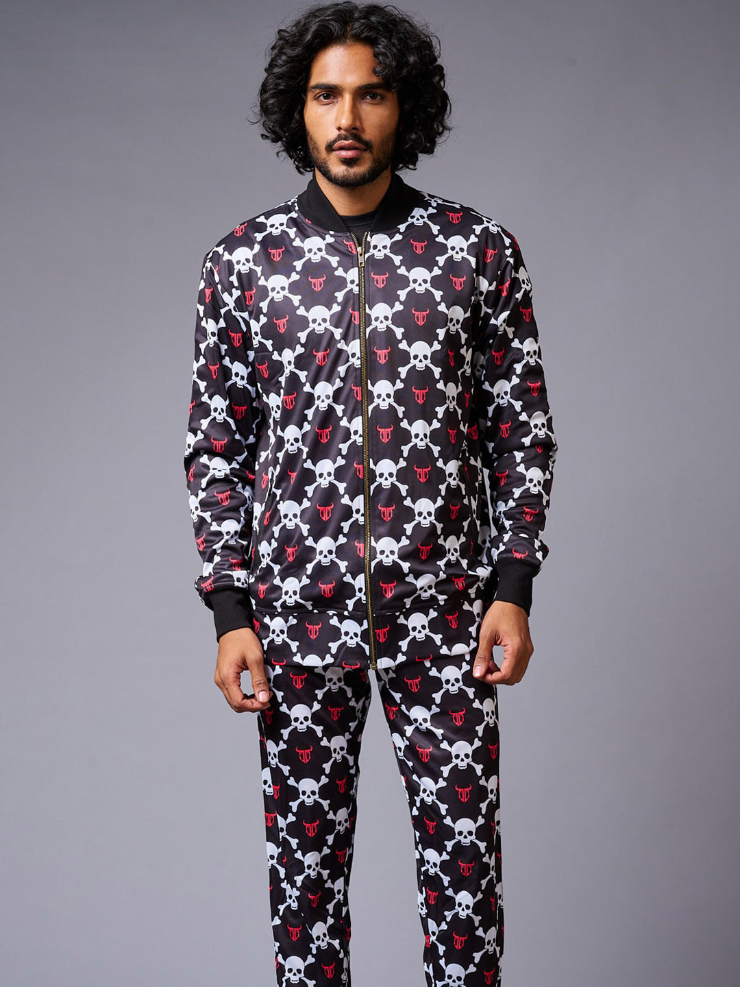 

GO DEVIL Logo Skull Printed Bomber Style Jacket With Pants Co-Ords, Black