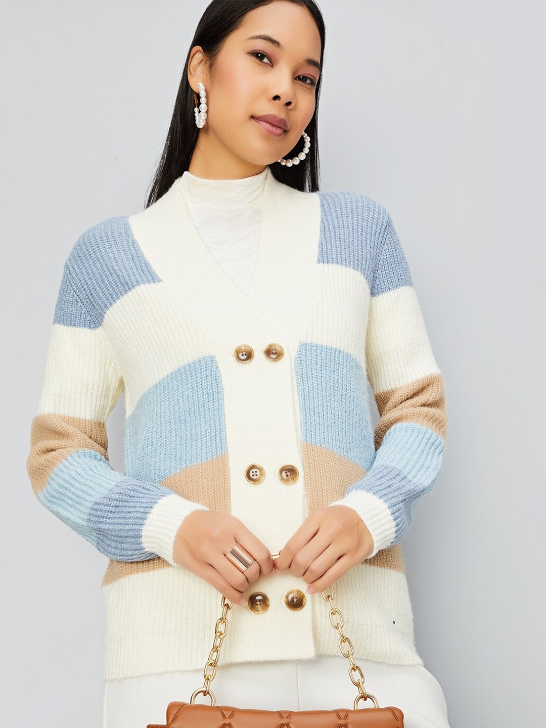 

max V Neck Colourblocked Cardigan Sweater, White