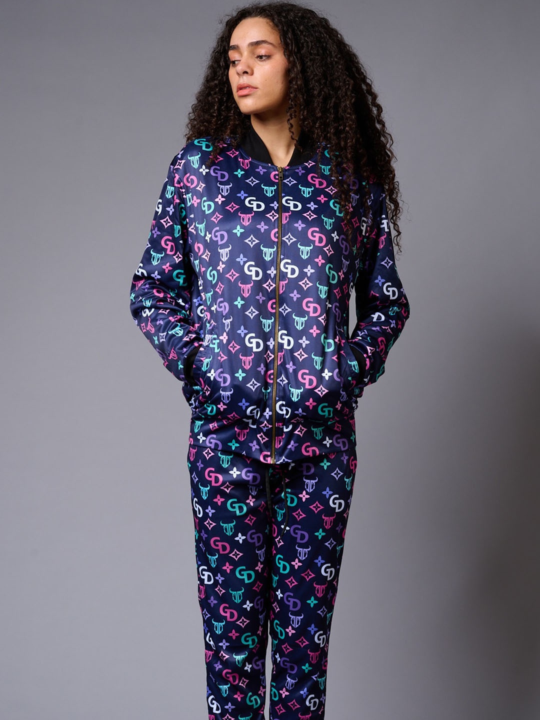 

GO DEVIL Logo Printed Bomber Style Jacket With Pants Co-ords, Blue