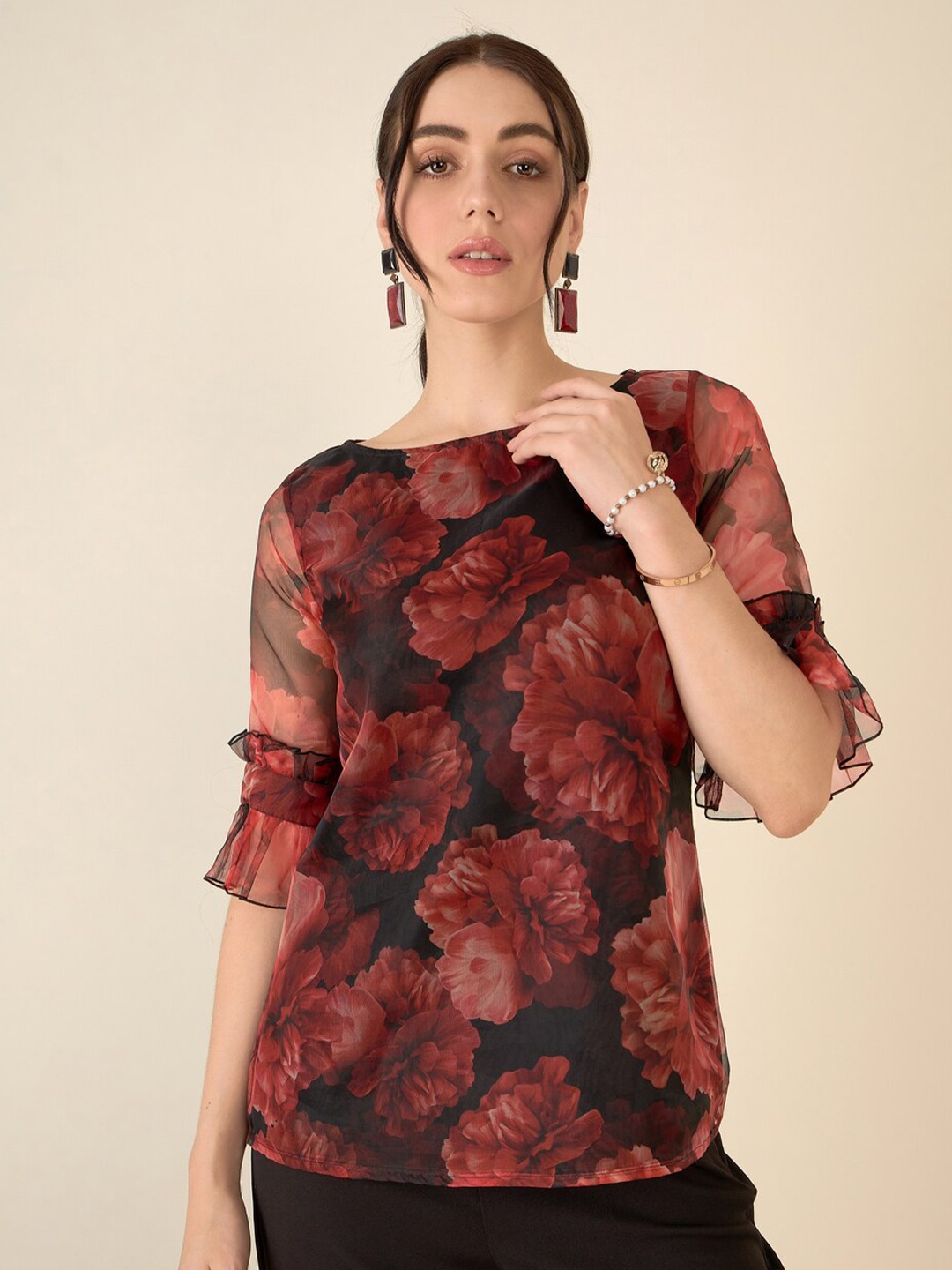 

SALT ATTIRE Floral Printed Bell Sleeve Top, Red