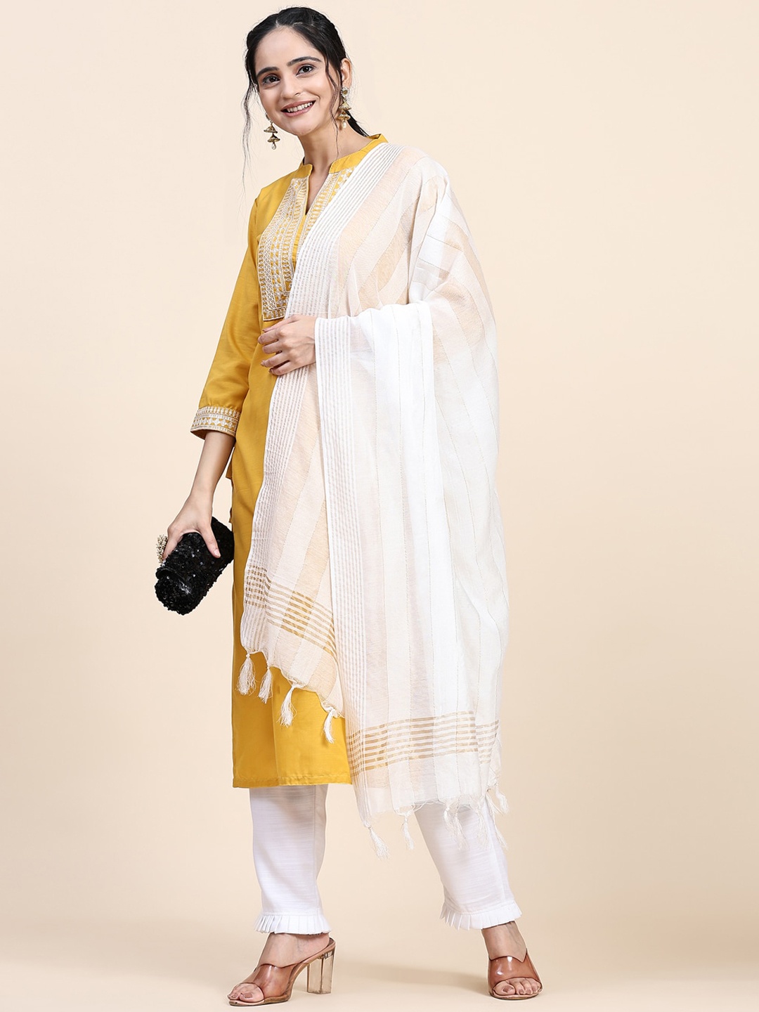 

Murta Trends Ethnic Motifs Yoke Design Thread Work Straight Kurta & Trousers With Dupatta, Yellow