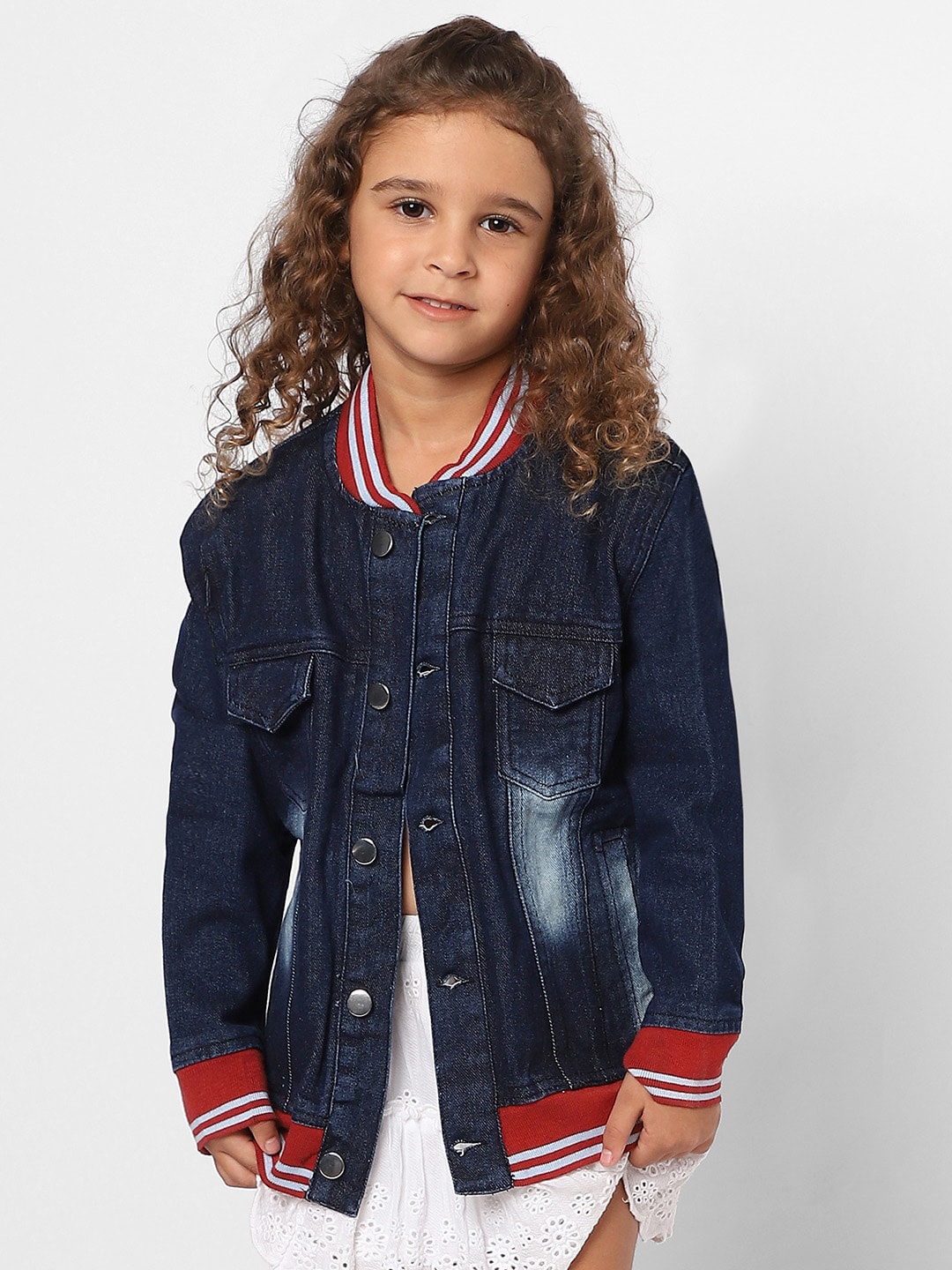 

Instafab Girls Washed Mock Collar Windcheater Longline Outdoor Denim Jacket, Blue