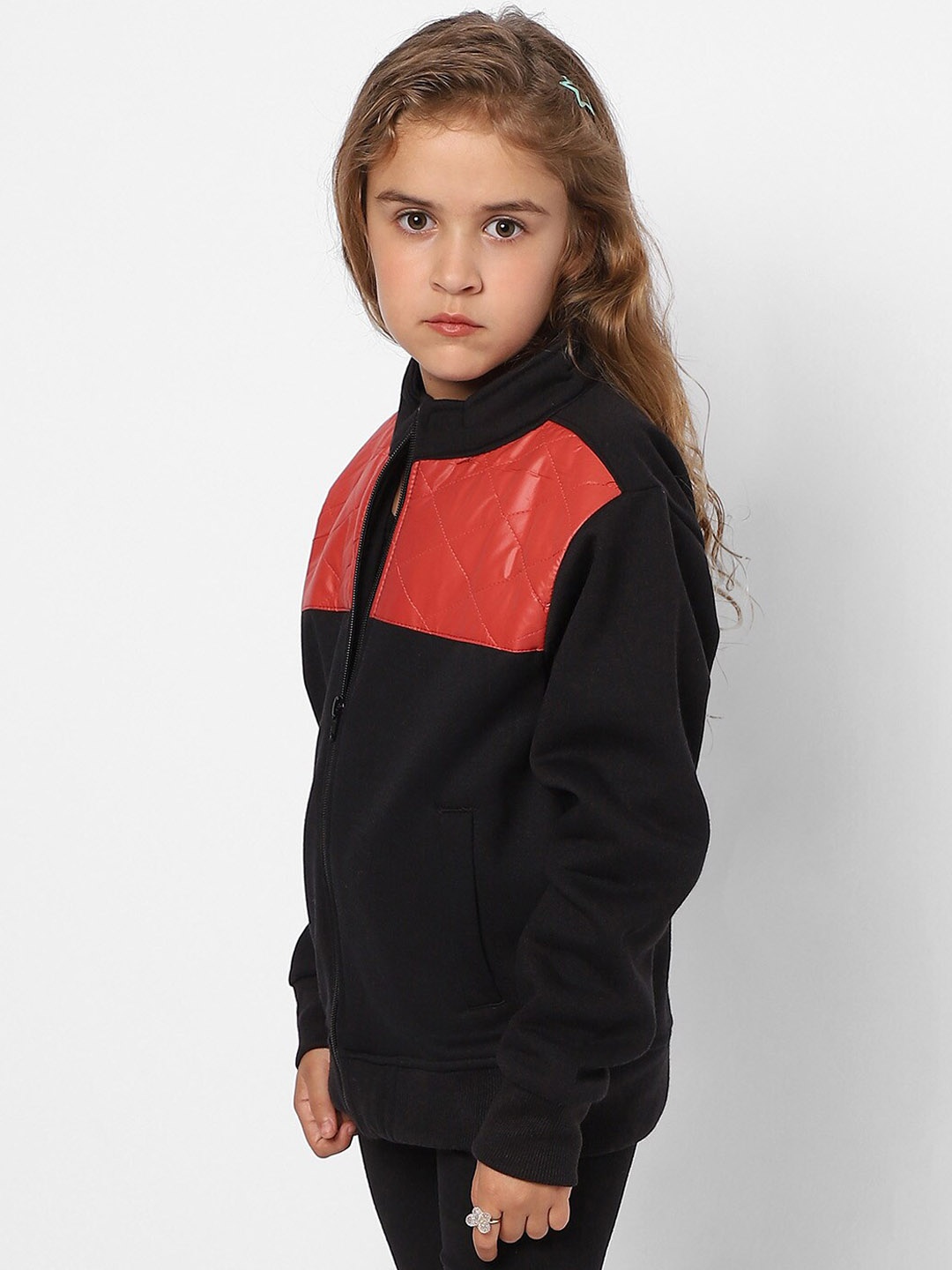 

Instafab Girls Colourblocked Mock Collar Windcheater Cotton Bomber Jacket, Black