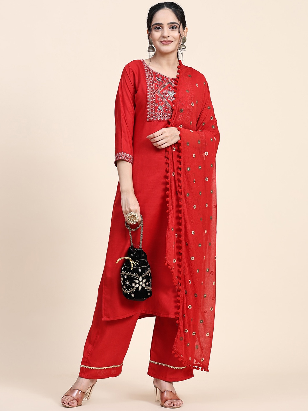 

Murta Trends Ethnic Motifs Yoke Design Thread Work Kurta & Palazzos With Dupatta, Red