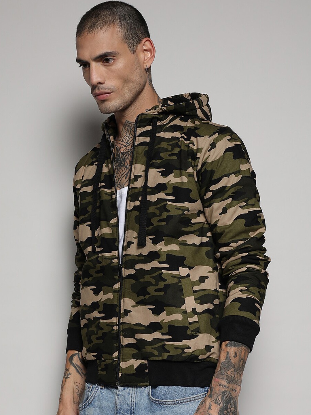 

Campus Sutra Green Camouflage Windcheater Hooded Bomber Jacket