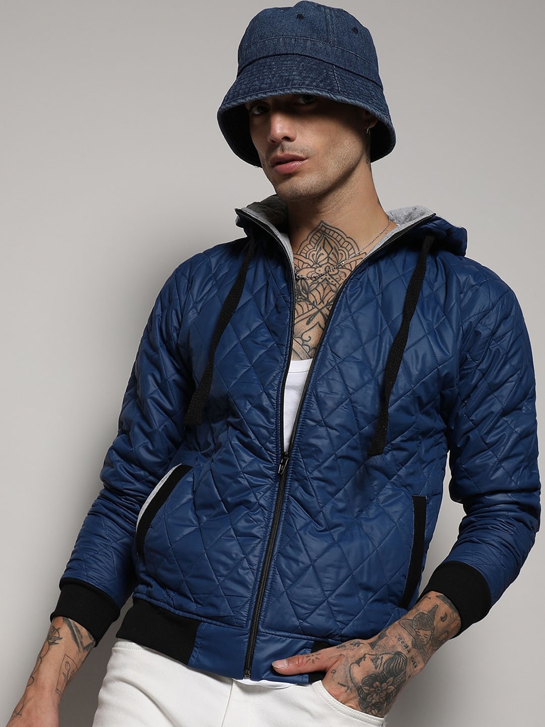 

Campus Sutra Blue Windcheater Hooded Quilted Jacket