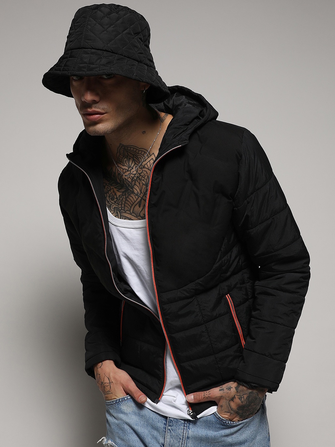 

Campus Sutra Men Black Hooded Windcheater Bomber Jacket