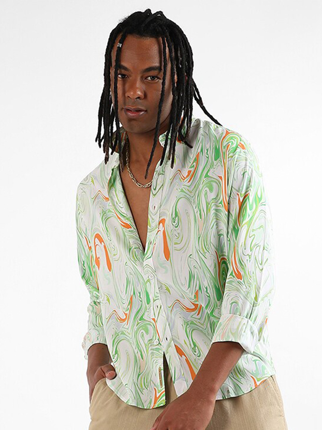 

Campus Sutra Classic Abstract Printed Spread Collar Casual Shirt, Green