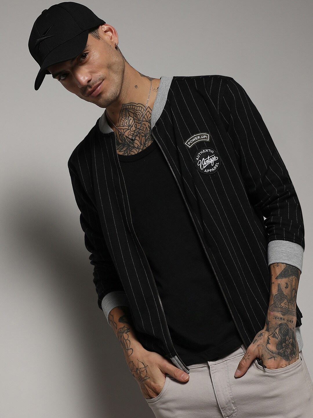 

Campus Sutra Navy Blue Striped Windcheater Bomber Jacket