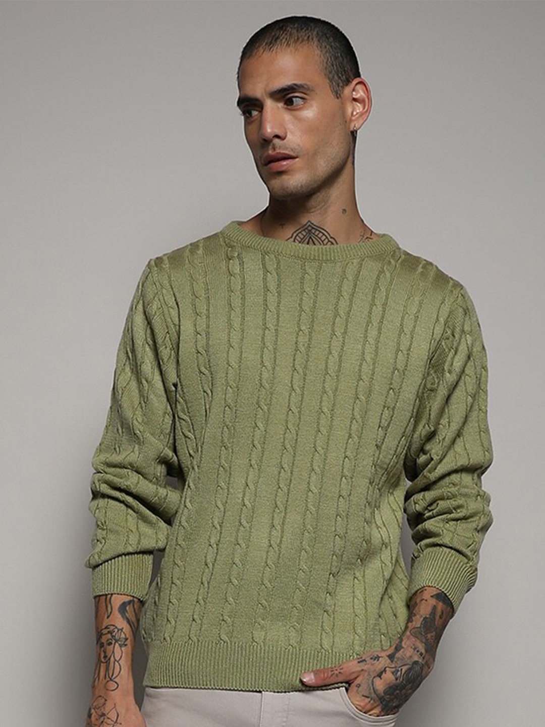 

Campus Sutra Olive Green Cable Knit Self Design Acrylic Pullover