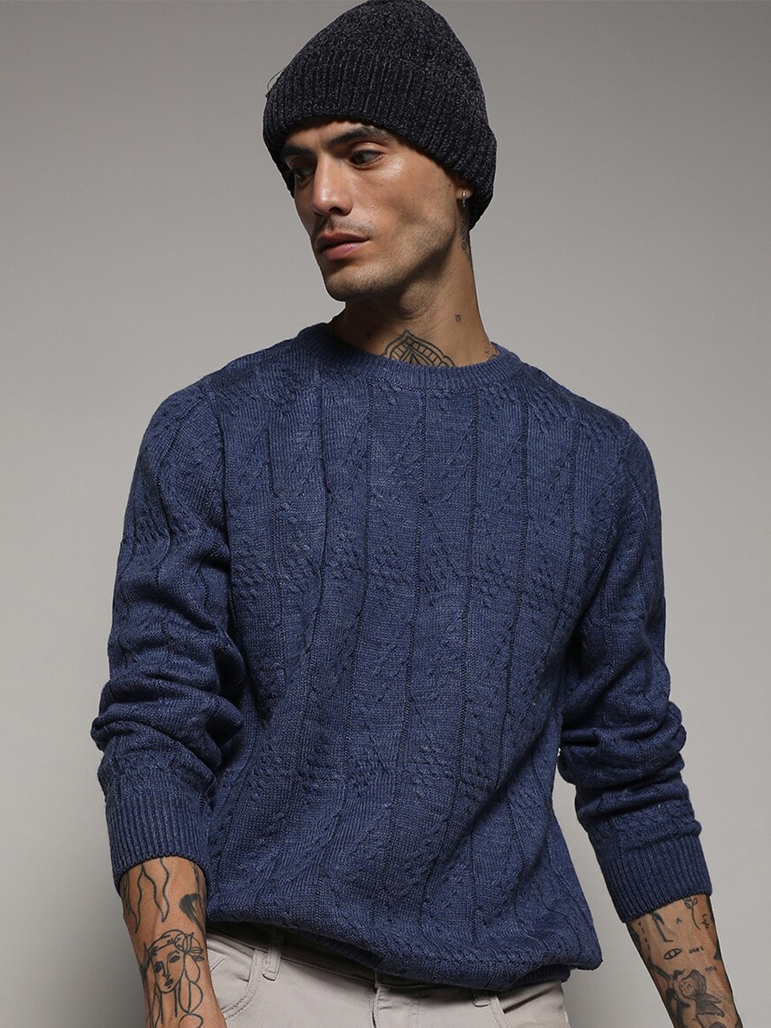 

Campus Sutra Blue Cable Knit Self Design Woollen Pullover